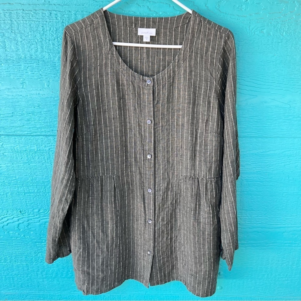 Linen J. Jill 'Purejill' Gray Green Striped Button Down Tunic Pockets Medium